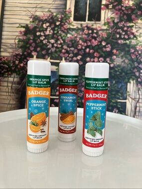 3 Badger Organic JUMBO Lip Balms: Peppermint Stick,Orange Spice,Cinnamon Swirl